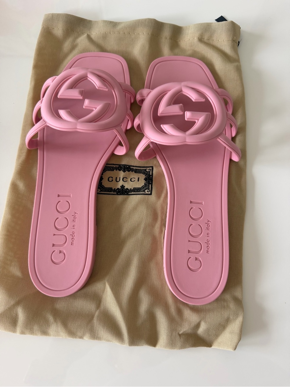 Gucci Pink Rubber GG Slide Sandals